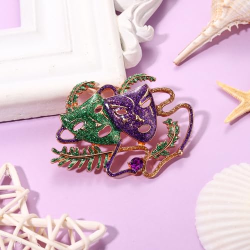 Image of Mardi Gras Brooches Pin for Women Girls Rhinestone Mask Fleur De Lis Brooch Glitter Jester Pins Fat Tuesday Carnial Parade Holiday Brooches Jewelry