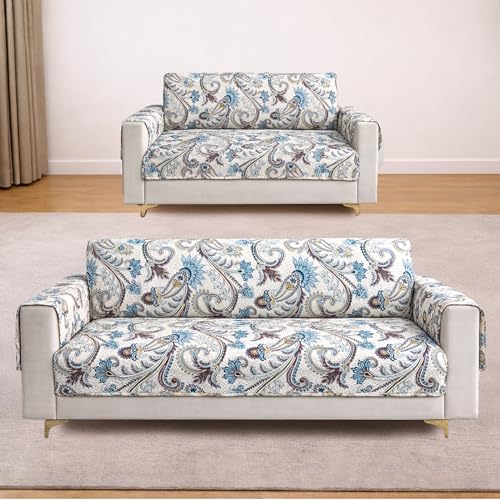 Image of Homerz Premium 5(3+2) Seater Quilted Reversible Sofa Cover Mat with Pocket Arms | Polyester Blend 350 GSM Full Coverage & Back Belt for Stability (Floraya, 5(3+2) Seater)