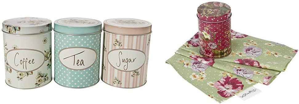 Katie Alice Cottage Flower 3 Piece Set of Large Coffee, Sugar and Tea Storage Tins - 4.21x 5.1 Inch (10.7x 13 cm) + Highland Fling 100 Percent Cotton Tea Towel in Tin Set, 70x 51 cm (27.5x 20 Inch)