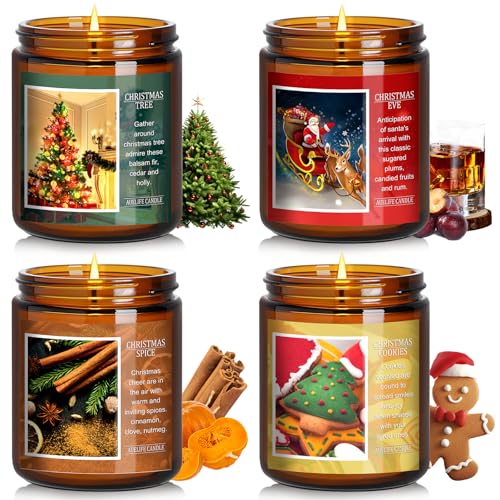 Christmas Candle Set | 4Pack Scented Candles Holiday Candle Gifts - Soy Candles Home Scented, Xmas Gift for Women and Men - Scents of Christmas Tree/Spice/Cookies/EVE