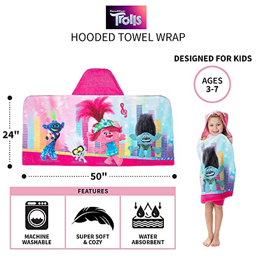 Image of Trolls World Tour Bath /Pool /Beach Soft Cotton Terry Hooded Towel Wrap, 24 inch x 50 inch, By Franco Kids
