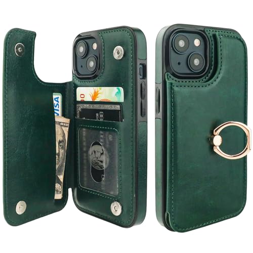 Étui portefeuille iPhone 15 ONETOP vert avec porte-cartes et béquille anneau 360