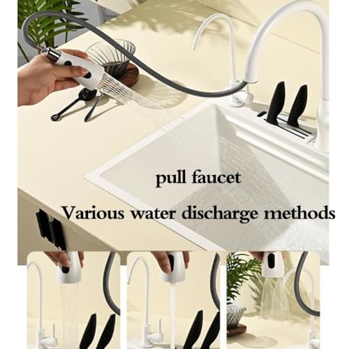 Fregadero de acero inoxidable blanco con grifo extraíble y lavavasos 6
