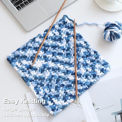 Image of #6 Super Bulky Blanket Yarn for Crocheting - 4 Skeins(Each 10.5oz /300g, 220yds /201m), Chunky Chenille Thick Plush Big Soft Yarn for Crocheting Knitting Blankets, Sky & Navy & Royal & White