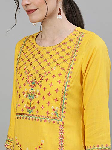 Image of ishin Women's Rayon Yellow Embroidered Straight Kurta set With Skirt and Dupatta