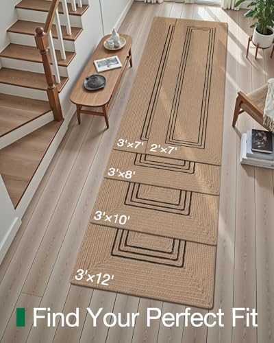 Image of Handmade Rectangular Jute Carpet Black line Beige - Natural Fiber Rug for Living Room & Bedroom | Eco-Friendly & Durable | Size 3x8 Feet, Color- Black line Beige