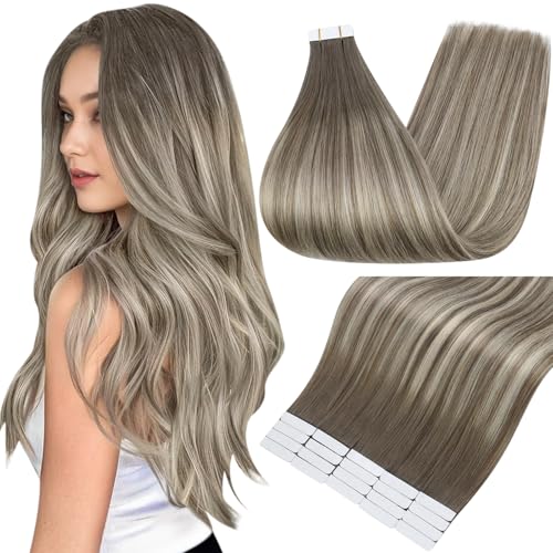 Image of Full Shine Tape in Hair Extensions, Mushroom Ash Blonde Ombre 18 Inch | 50g 20PCS, Straight Invisible Hair Extensions Tape in, Double Sided Remy Finish Secure Wear Smooth Daily Styling