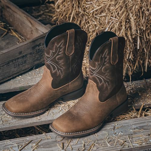 Image of Lumeheel Cowboy Boots for Men - Western Men's Boots with Classic Embroidered, Slip on Square Toe Boots, Slip Resistant Country Boots Chunky Heel Ankle, Durable Short Boots for Spring Fall