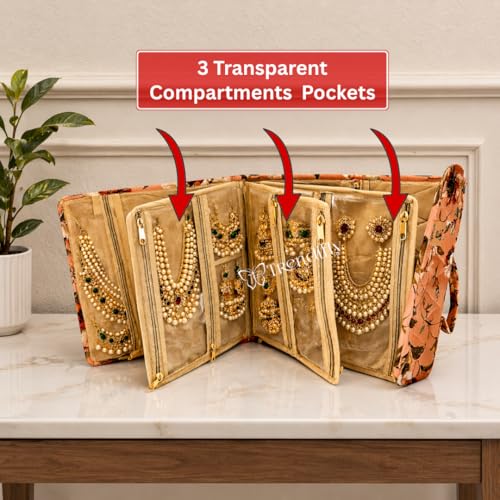 Image of Trendifly Foldable Multipocket Jewellery Organizer Suitcase for Women Embroidery Design Travelling Jewelry Sutcase Bag 5 Transparent Pockets Earrings Necklace Bangles Rings Girls (Flower Orange)
