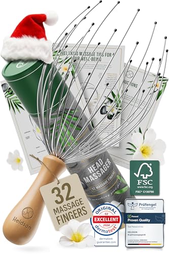 HELDSON® Premium Head Massage Spider 32 Fingers - FSC®100% - Head Massager - Head & Hair Massage - Scalp Massager - Head Scratcher - Wellness Gift