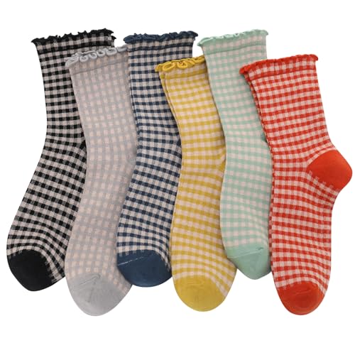 Image of 6 Pairs Women Ruffle Striped Frilly Socks, Cute Checkered Ankle Sock for Women Cotton Knit Casual Crew Socks