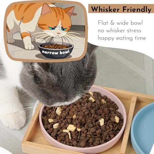 JAZUIHA Katzennapf Erhöht inkl. 2 Flache und breite Schalen, Futterstation mit Holzständer und Silikon Futternapf für Katzen D 18 cm