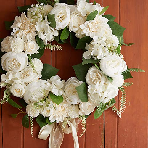 Misspin 19.5In White Wreaths For Front Door With Wreath Hanger, Artificial White Peony Hydrangea Wreath For Home Decor Outdoor Indoor, Window, Wall, Wedding #TOP7