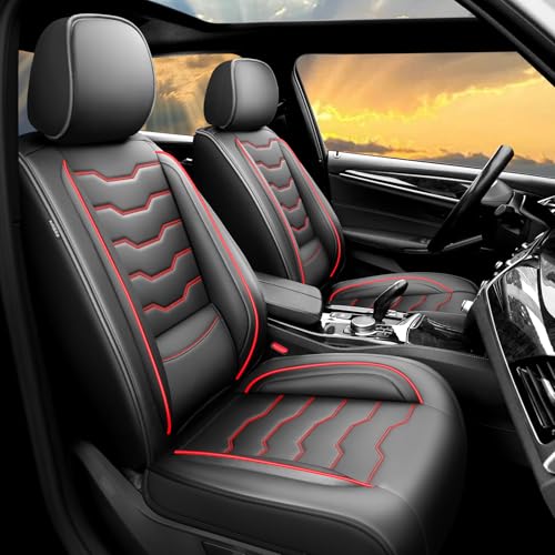 Conjie Fit Colorado Car Seat Covers Compatible with Chevrolet/Chevy Colorado 2015-2025 2026 - Full Set Premium Leather Waterproof Breathable All-Weather Seat Cushion Protecto Red Line Black