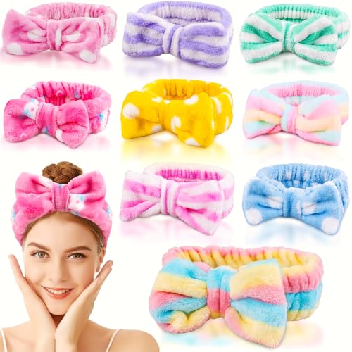 9 Pcs Stocking Stuffers for Women Girls Teen, Spa Headband for Washing Face, Microfiber Makeup Headbands with Bow, Christmas Gifts and Party Favors, Soft Skin Care Hair Band for Teens