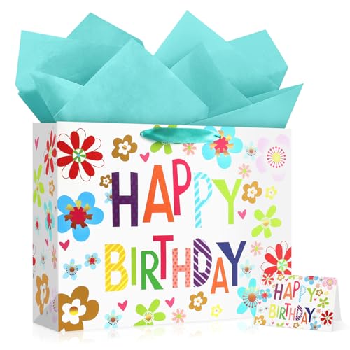 Image of JMANNI Large Happy Birthday Gift Bag with Tissue Papers and Greeting Card, Portable Paper Gift Bags with Handles, Present Bags for Women Girls Birthday Party 13 inch x 10.2 inch x 4.7 inch(Colorful Flowers)