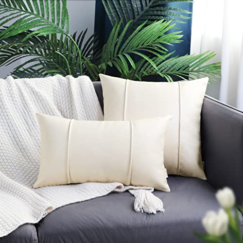 Image of BRAWARM Cream Leather Throw Pillow Covers 22 X 22 Inches - Faux Leather Pillow Cover with Piping, Hand Stitched Faux Leather Throw Pillow for Couch Sofa Bed Living Room Home Decorative