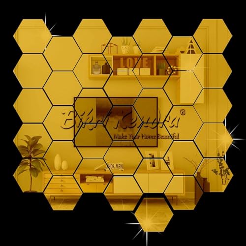 Image of Bikri Kendra - 32 Hexagon Golven Mirror Sticker for Wall, Acrylic Sticker, Decorative Mirror Sticker for Wall, Acrylic Stickers, Wall Stickers for Hall Room, Bedroom. (HexagonGold32)