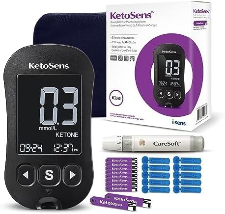 KetoSens Blood Ketone Monitoring System Set: Single Meter + 60 Ketone Test Strips, 10 Lancets (30G), 1 Lancing Device, 2 Batteries, a Instructions for Use, 1 Logbook, 1 Carrying Case