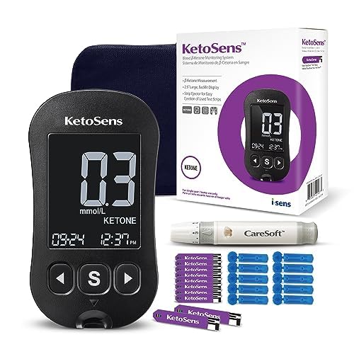 KetoSens Blood Ketone Monitoring System Set: Single Meter + 60 Ketone Test Strips, 10 Lancets (30G), 1 Lancing Device, 2 Batteries, a Instructions for Use, 1 Logbook, 1 Carrying Case