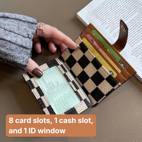 Image of TURBOOST Cute Slim Card Holder Canvas Front Pocket Checkered Wallet, Small Credit Card Case for Women (Brown)