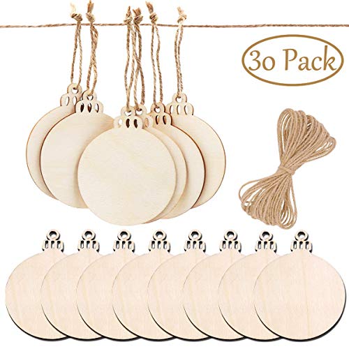 Mcree 30Pcs 2018 Christmas Round Wood Slices with Twines, 3.15inch Xmas Halloween Valentine Ornaments Ball Wooden Round Baubles, Ideal for Christmas Tree Hanging Decor& Art Crafts DIY Gift
