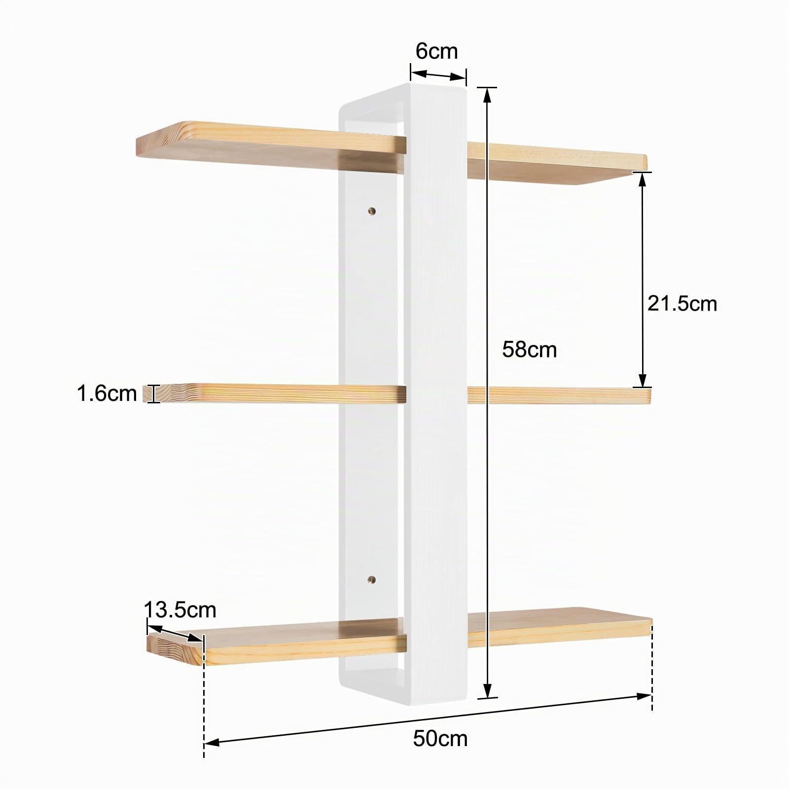 HUOLE Mensola da parete industriale in acciaio per tubi in legno, mensola sospesa, libreria a 3 livelli, per cucina, soggiorno, camera da letto, 58 x 50 x 16 cm, bianco (2 pezzi)