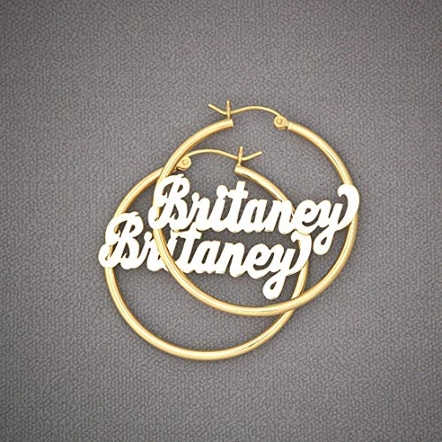 14K Yellow Gold Name Round Hoop Earrings 1 1/2 Inch Personalized 14K Yellow Gold Name Round Hoop Earrings 1 1/2 Inch Personalized