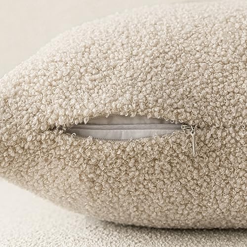 Image of Foindtower Pack of 2, Curly Faux Fur Decorative Throw Pillow Covers Soft Plush Cushion Case with Zipper Cozy Fluffy Boho Pillowcase for Home Living Room Couch Bed Sofa 18 x 18 Inch, Light Beige