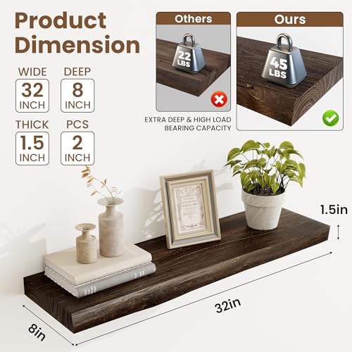 Image of Acovy Extra Deep 32 inch Long Live Edge Rustic Floating Shelves for Wall, Solid Wood Wall Shelves with Invisible Bracket Mount for Living Room Bathroom Bedroom Kitchen, Set of 2, Walnut