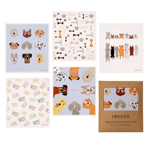 Recyco キッチンクロス セルロース クロス 17×19cm ふきん 5枚セット 天然繊維 スポンジワイプ ワンちゃん ぐんぐん吸水 速乾 耐久性 吸水クロス キッチンタオル 抗菌 防臭 断熱マットのサムネイル