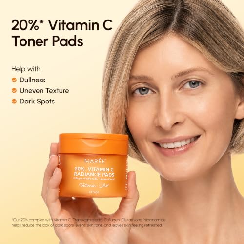 Image of MAREE Vitamin C Toner Pads for Face - Brightening Facial Polishes with 20% Complex: Vitamin C Collagen Niacinamide TXA Body Clarifying Pad- Facial Radiance, Uneven Skin Tone, Acne Clearing Pads