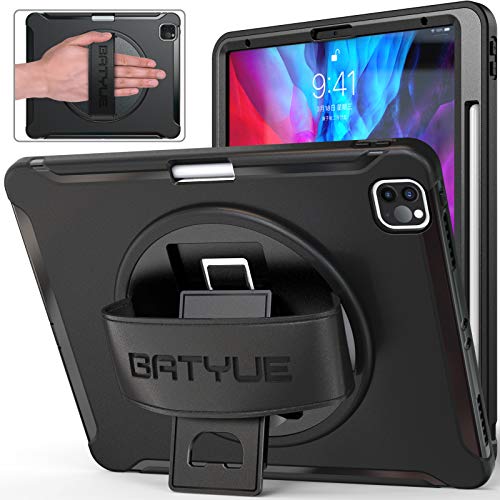 Product Deal BATYUE iPad Pro 12.9 4th 2020 & 3rd 2018 Gen Case with Pencil Holder [Support Apple Pencil 2 Charging] 3 Layer Rugged Heavy Duty Protective Cover w/360° Swivel Kickstand/Hand Strap (Black)