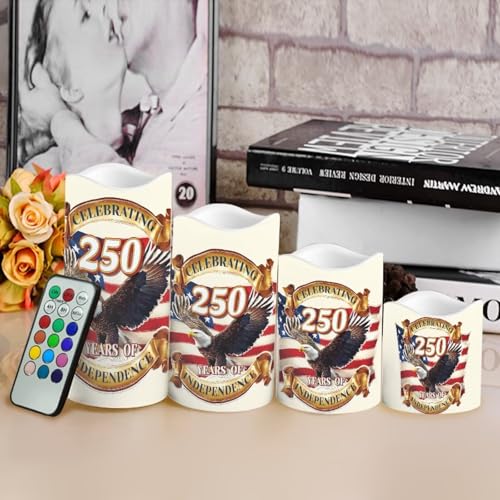 Image of Bald Eagle White Candles Celebrating American 250th Anniversary Battery Led Lights with Timer Patriotic Remote Control Candle for Independence Day Holiday Decorations, 4 Pack