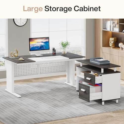 Image of Tribesigns 63 Inch Executive Desk with File Cabinet, L Shaped Office Desk with Drawers and Storage Shelves, Business Furniture Set Workstation for Home Office, Gray and White