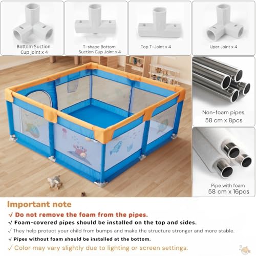 Image of 120 x 120 cm Small Playpen for Baby 6M-3Y, Baby Playard with Anti-Fall Grasp Rings & Safety Lock ((No Mat /No Ball, Non-Foldable)-Blue