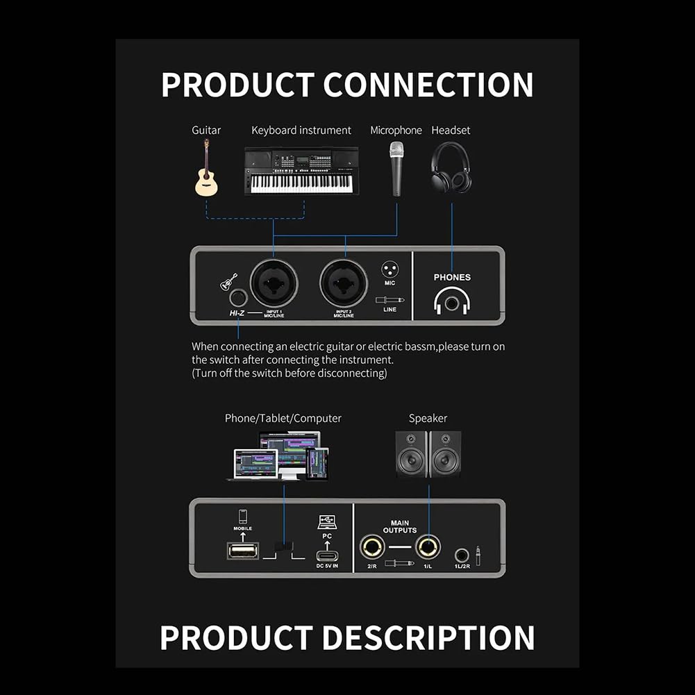 Mezclador de Audio Profesional Interfaz de Audio USB Tarjeta de Sonido Equipo de DJ Estudio de Grabación Convertidor de Guitarra Eléctrica