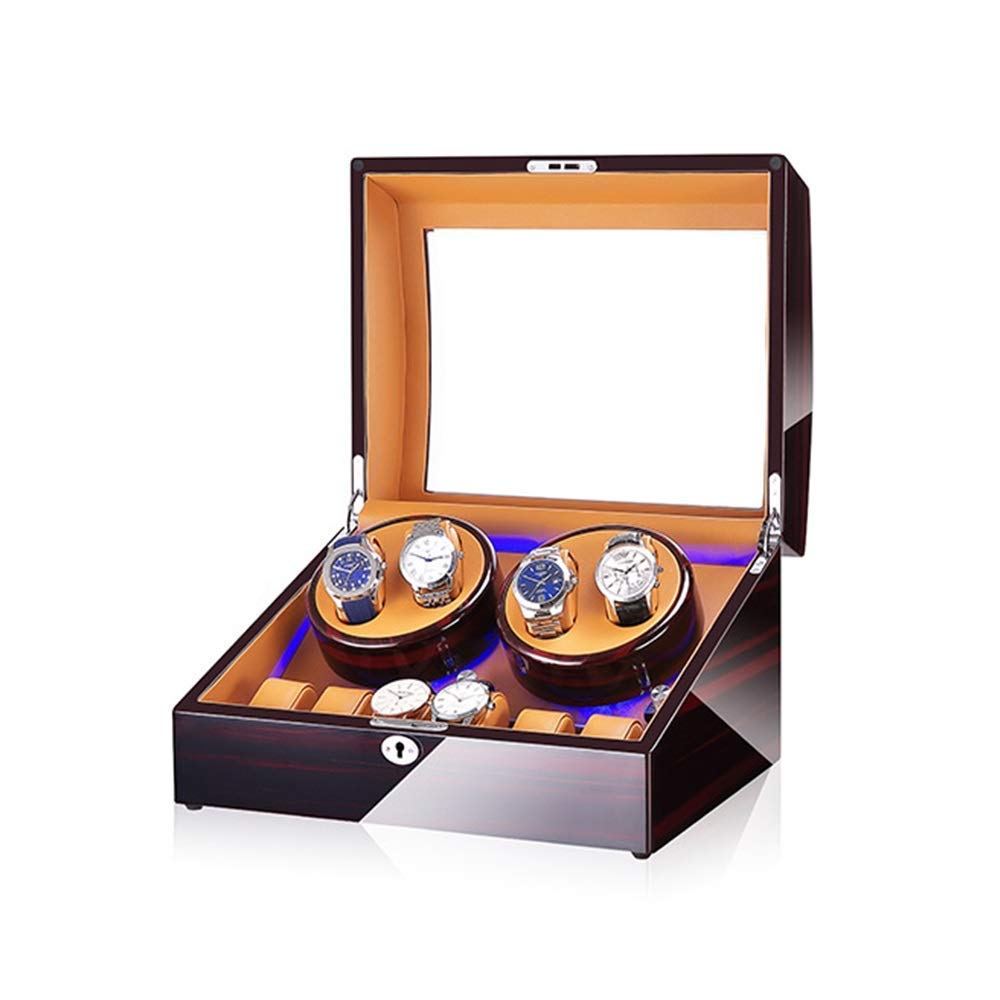 QUSYZD Watch Watch Winder for 4 Watches + 6 Storage, with LED Light, Quiet Motor, Wood Shell Piano Paint Exterior, 4 Rotation Modes,