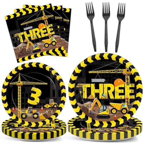 Image of 100 Pcs Construction 3rd Party Plates and Napkins Set 3 Years Old Birthday Decorations Construction Party Supplies Tableware Dump Truck Themed Favors for Birthday Party Decor Serves 25