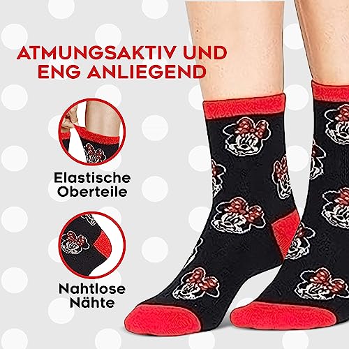 Disney Stitch Damen Socken, bunte warme Strümpfe mit Motiv, Geschenke für Frauen, Teenies, 5er-Pack (35-41 EU, Rot/Schwarz Minnie Mouse)