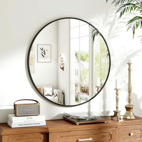 Koonmi 70cm Runder Spiegel Schwarz Spiegel Rund Wandspiegel mit Rahmen aus Aluminiumlegierung für Badezimmer Waschtisch Wohnzimmer Schlafzimmer Eingang Wanddekoration