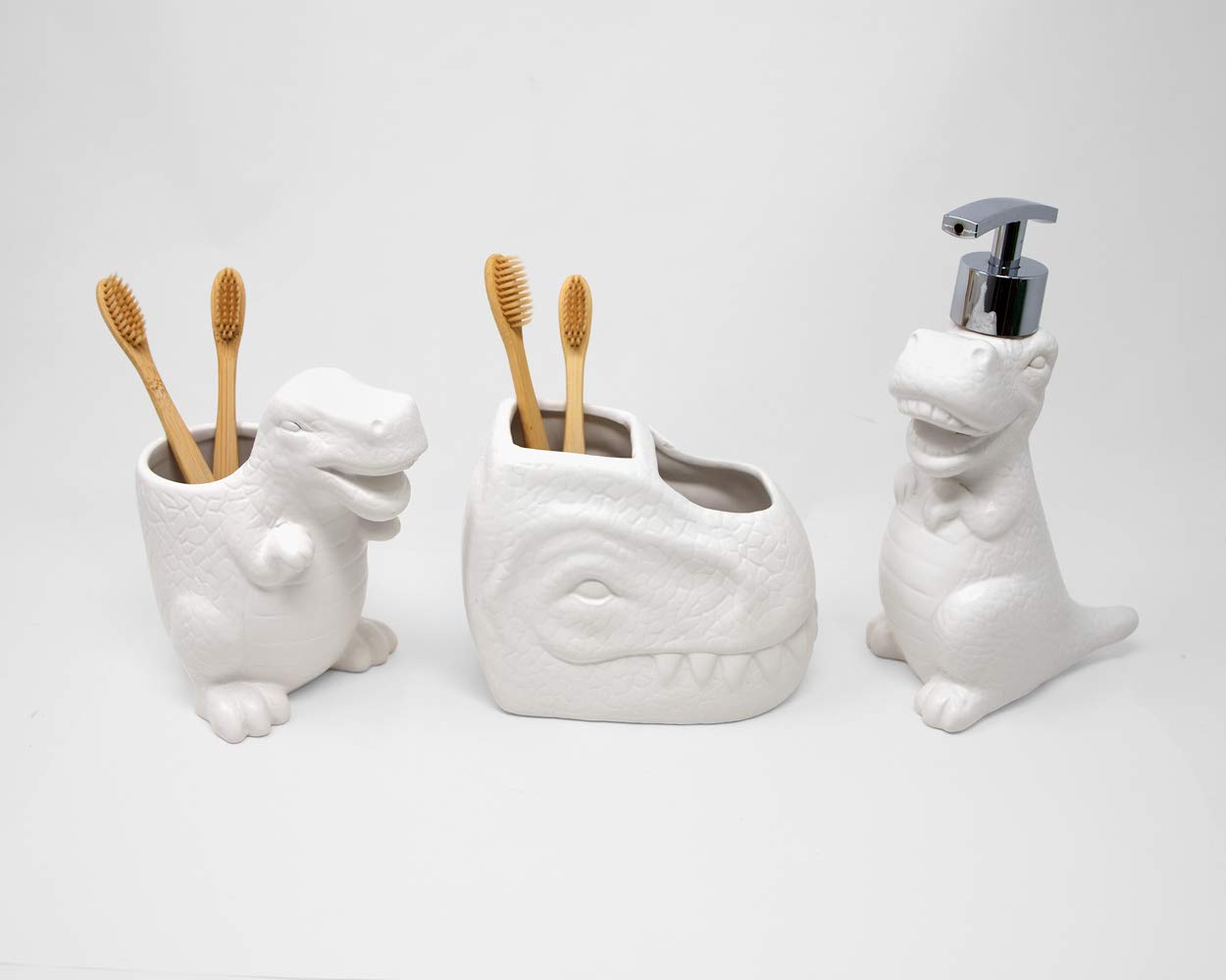 Dinosaurio de cerámica blanca, bomba de jabón líquido/dispensador de loción con bomba de metal cromado (soporta hasta 12 onzas), ideal para baño, encimera de cocina, accesorio de baño 7