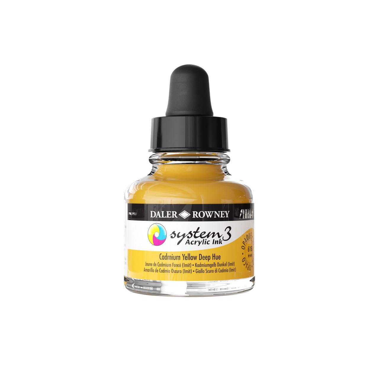Daler-Rowney System3 Acrylic Ink, Glass Bottle with Dropper, Opaque, 1oz - 29.5 ml, Cadmium Yellow Deep Hue