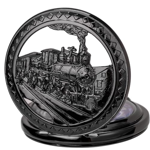 Image of SIBOSUN Antique Men Pocket Watch with Chain Oversized 50MM 1.96 Inch 3D Locomotive Steam Train Railroad Hollow + Box