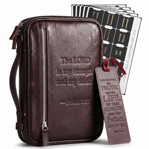 HelvioraX Full Grain Leather Bible Cover for Men Soft Leather Mens Bible Protective Book Holder Carrying Cover Case for Women Men with Handle Zippered Pocket