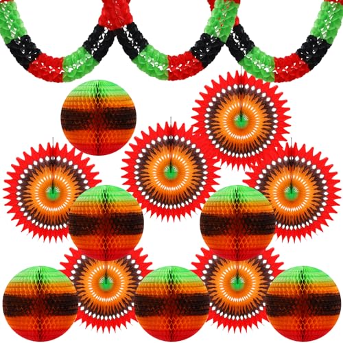 Yuxung 14 Pcs Black History Month Hanging Paper Fans Kente Classroom Decorations Juneteenth Tissue Paper Pom Poms for Garland Ceiling African American Party Supplies