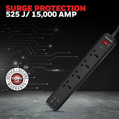 Image of Honeywell Surge Protector /Spike Guard /Extension Board,Master Switch,4 Universal Sockets,PD18W&USB,15000Amp,2 Meter Cord,Device Secure Warranty,Automatic Overload Protection,3Year Manufacturer Warranty