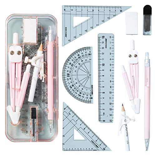 ファインホーム スクールコンパス 定規セット 9点セット 分度器 コンパス 三角定規 小学生 中学生 クリアケース付(ピンク)