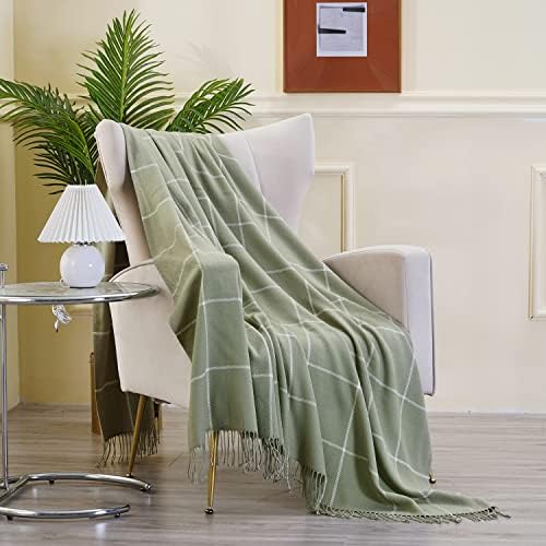 Bangya Acrylic Green Plaid Throw Blanket with Decorative Fringe for Travel，Bed, Sofa, Couch,Office (Green, 50inch x 60inch)