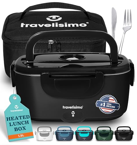 TRAVELISIMO Electric Lunch Box for Adults 100W Heated Lunch Box For Men 1.5L Stainless Steel Portable Food Warmer, 12/24/110V for Travel & Work, Loncheras Electricas Para Calentar almuerzo